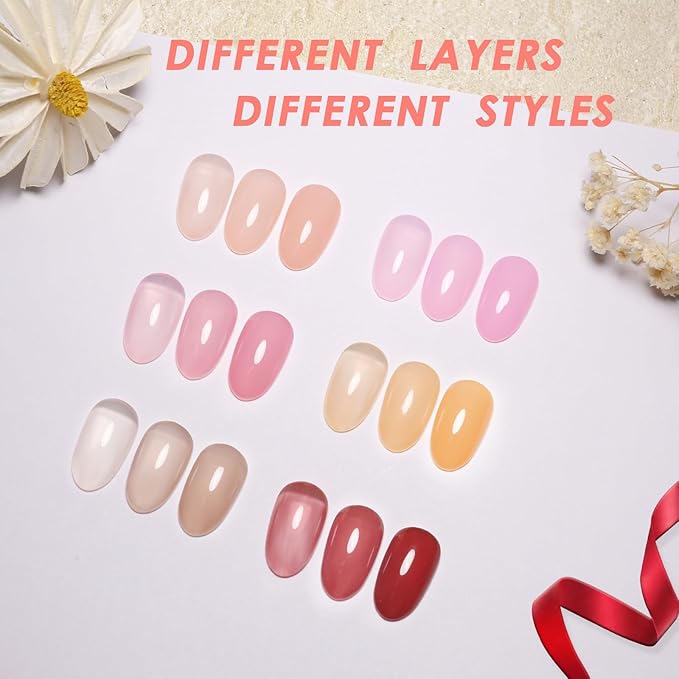 Imtiti Jelly Gel Nail Polish Set,6 Pcs 10ml Same Color Same Bottle Cap Nude Pink Gel Polish Set UV/LED Soak Off Jelly Sheer Translucent for Salon DIY at Home(10ml*6)