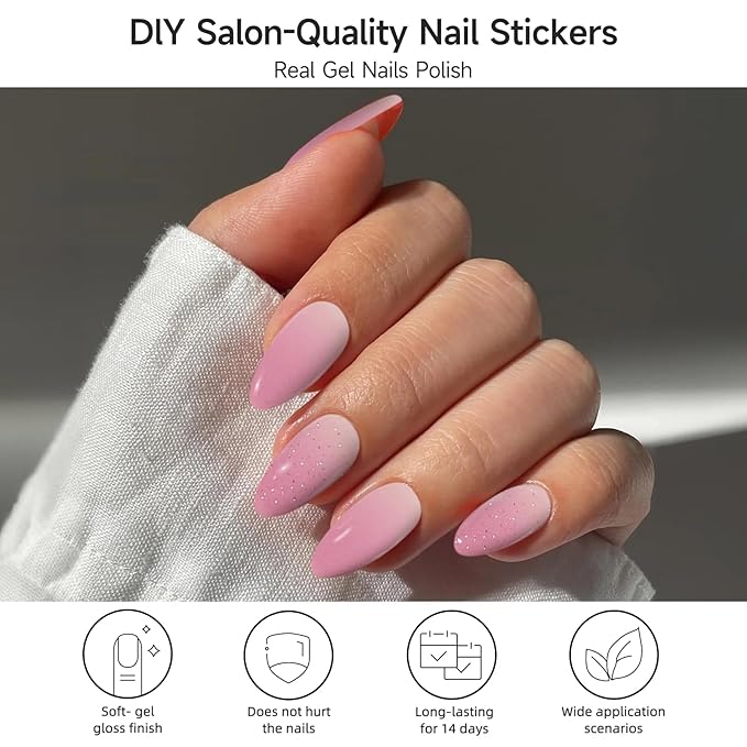 Semi Cured Gel Nail Strips (Pink), 28 pcs Gel Nail Stickers, Work with Any UV Lights, Long-Lasting NailWraps for Women, Salon-Quality, Easy to Apply & Remove