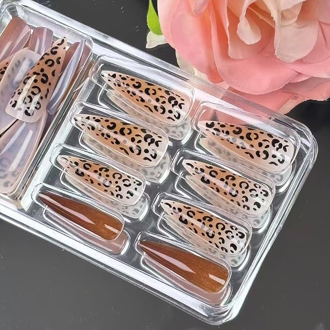 24 Pcs Stiletto Press on Nails Long Fake Nails with Leopard Print Designs Natural Reusable Brown Acrylic Nails Brown Leopard Print Artificial Nails Ombre Full Cover Stick on Nails for Women Manicure