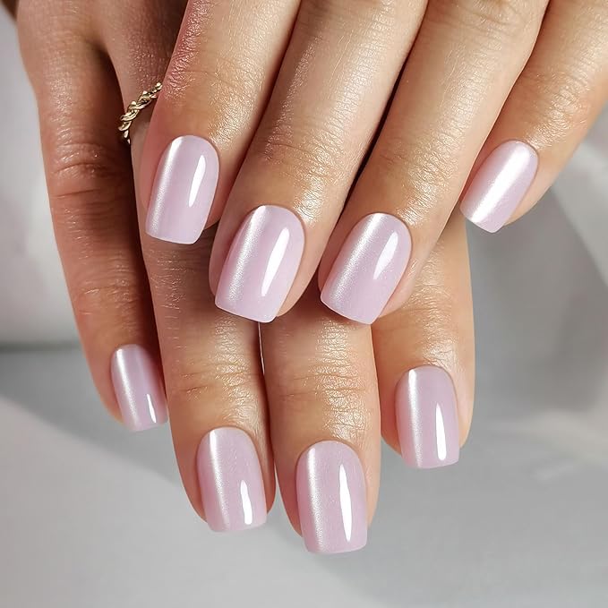 Pink Cat Eye Press on Nails Square - SHANGMENG Soft Gel Valentine Press on Nails Short for Women Gift, Fit Perfectly & Natural Glue on Nails with Glue in 16 Sizes - 32 Reusable Fake Nails, Light Pink
