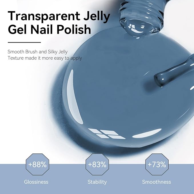 MEGIOR Jelly Blue Gel Nail Polish 0.5 Fl Oz Blue Transparent Colors Soak Off UV LED Lamp Light Cure Gel Polish Kit for Salon and Nail Art Starter Manicure DIY at Home