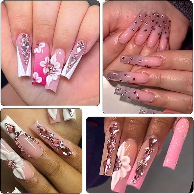 Nail Charms and Gems - 5000 Pcs, 20 Types, 20 Sizes, with Kit, Nail Rhinestones, Faux Pearls, Beads, for Nail Art (Pink)