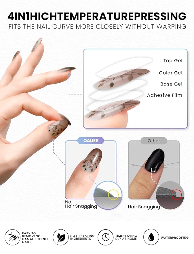 Semi Cured Gel Nail Strips | Built-In Gel Top Coat | UV Light Required | Salon Quality, Easy Application And Removal (Mocha Leaf Elegy）