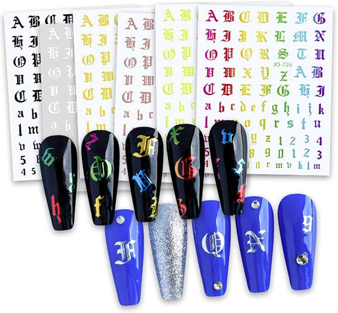 12 Colors Old English Nail Art Stickers, 3D Letters Self-Adhesive Sticker Design, Laser Gold Silver Red Black White Pink Yellow Green Alphabet Nail Transfer Decals for Women Manicure Decorations