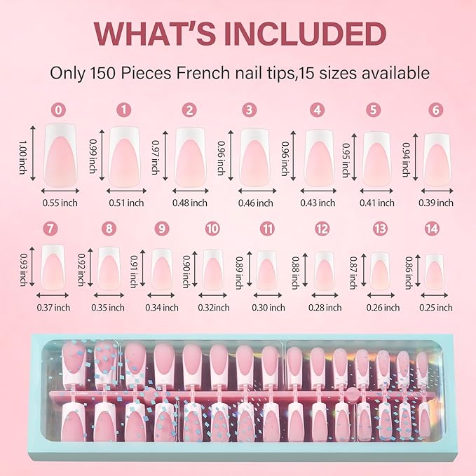 Vansiho Pink Deep French Gel Nail Tips, 150Pcs Long Square Soft Gel Nail Tips, French Tips Press on Nails, Fake Nails for Nail Art DIY 15 Sizes