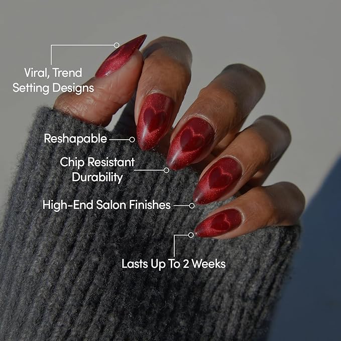 Valentines Day Glamnetic Press On Nails - Sent With Love | Short Almond Fake Nails in Bright Red with Cat-Eye Magnetic Heart Designs in a Velvet Finish | 15 Sizes - 30 Nail Kit with Glue