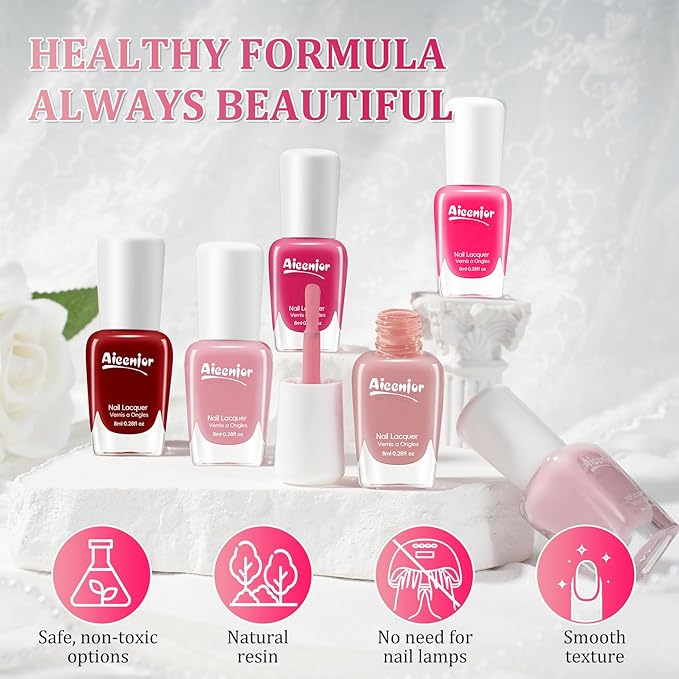 Pink Nail Polish Set, 6 Colors Quick Dry Fingernail Polish, Spring Rose Peach Magenta Tone, Classic Bright Pink, No UV Light Needed, Long Lasting for Nail Art Design at Home DIY