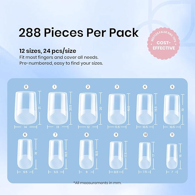 Beetles Gel Nail Tips Square Short, 288Pcs 12 Sizes Pre-Etched Half Matte Full Cover Soft Acrylic False Nail Tips Easy DIY Glue On Etch-X Nail Extension Salon Gift for Women Girls