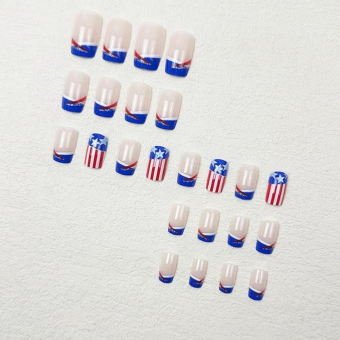 4th of July Press on Nails Medium Square MABKJLF Blue French Tip Fake Nails Stars False Nails with Stripes Glitter Designs Glossy Glue on Nails Acrylic Nails for Women Girls 24 Pcs
