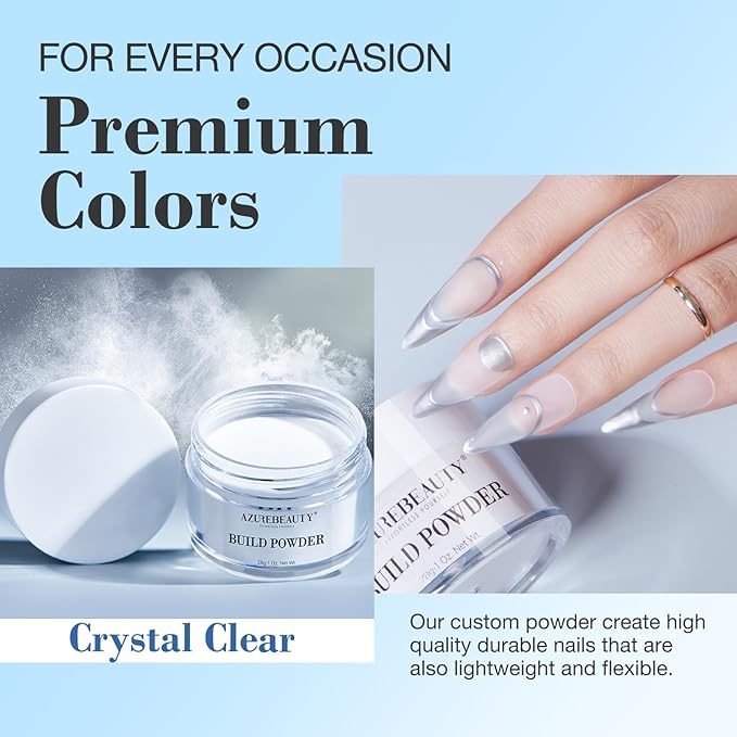 AZUREBEAUTY Clear Dip Powder for Nails, Essential Dipping Build Powder for 28+ Long-Lasting Nail Art Manicure Salon DIY at Home with Transparent Crystal Color, 28g/1Oz