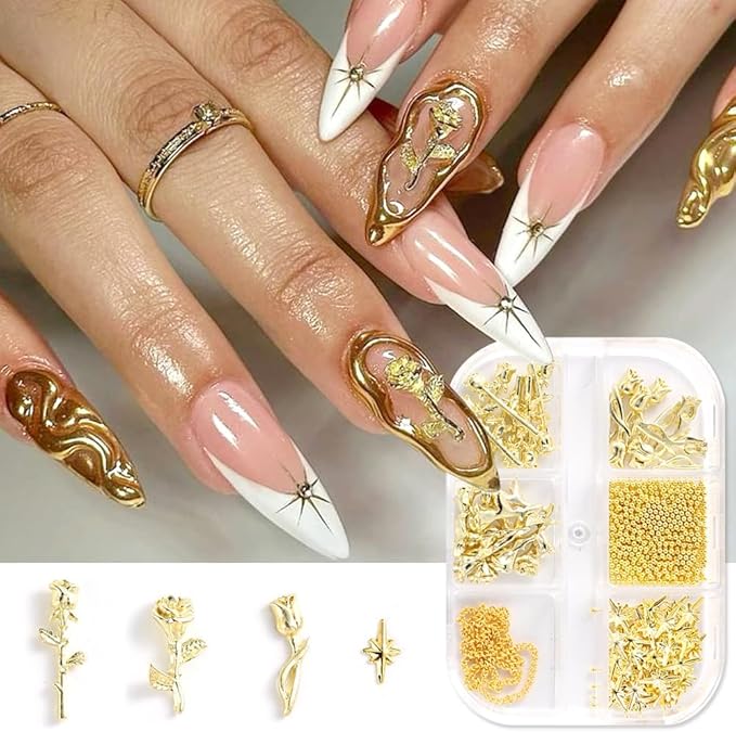 Gold Rose Art Charms, Mixed Styles 3D Metal Roses Flowers Alloy Jewels, Chains Star Beads Rivets Studs for Women Girls Nails Supplies DIY Crafts Decorations