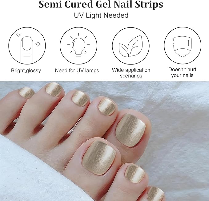34 Pcs Semi Cured Gel Toe Nail Strips Gold Gel Nail Stickers Full Cover Gold Nails Wraps Self Adhesive Toe Nails Polish Strips Stickers for Women UV/LED Light Required