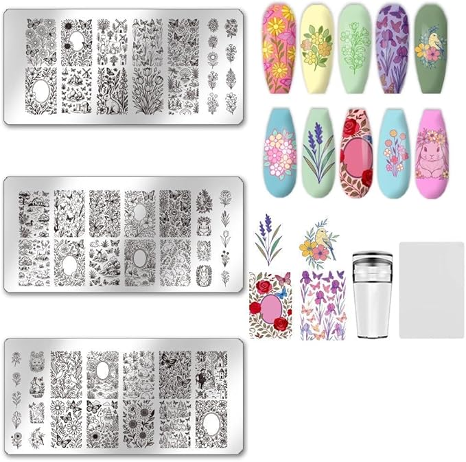 UNICRAFTALE 3Pcs Nail Stamping Plates Nail Stamper Kit with Seal Stamp and Scraper Vintage Garden Flower Dogs Image Stamp Plate Nails Art Tool for DIY Print Manicure Salon Design Gift