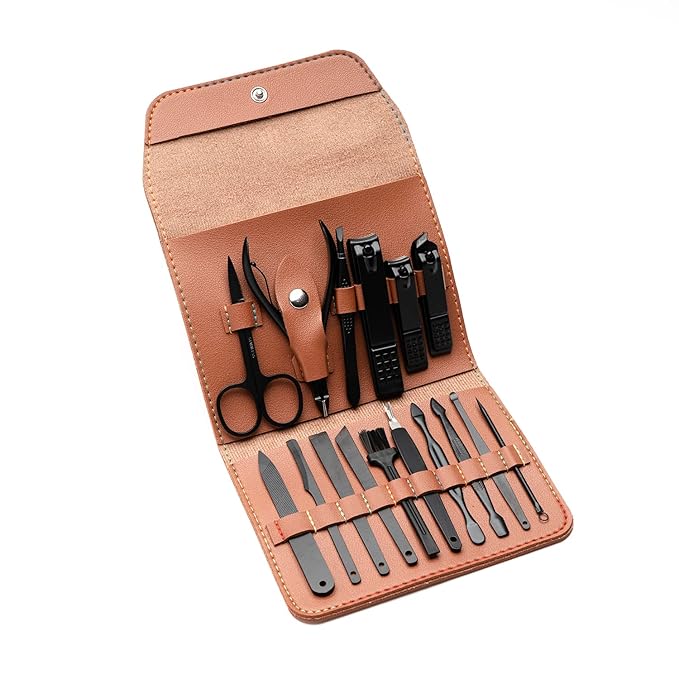 Nail Kit - Nail Clipper Set - Manicure Set -16 Stainless Steel Pieces Manicure Kit For Men’s - Pedicure Kit For Men - Mens Grooming Kit With Brown Leather portable Case by Hayvenhurst