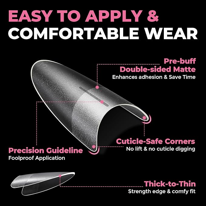 Almond Nail Tips: 504pcs Double-sided Matte Half Cover Medium Almond Shape Tips, Pre-etched Soft Gel Press on Nails, 12 Sizes No C Curve Clear False Fake Nails for Extension Manicure Home