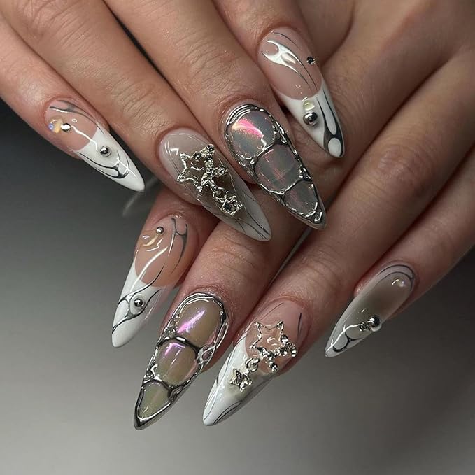 White French Tip Press on Nails Medium Almond False Nails with 3D Star Rhinestones Designs Silver Flame Fake Nais Black Ombre Acrylic Nails Full Cover Glue on Nail for Women Girls Manicure 24Pcs