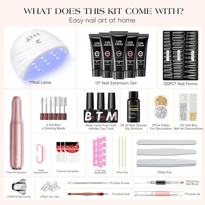 COSCELIA 50PC Poly Nail Gel Kit Starter Kit with Drill and Lamp 15 Colors 16ML Nail Extension Gel for Beginners All Season Nail Decorations Poly Extension Kit Gifts for Women
