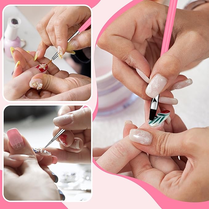 15pcs Pink Nail Art Brushes Set Nail Pen Designer Acrylic Nail Art Gel Painting Brushes Tool Dust Brush,Striping Brushes Dotting Tools for Long Lines Fan Brush Gel Polish Nail Art Supplies