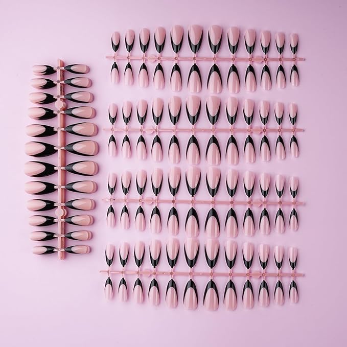 Lamemoria 240pcs Pre-Design Basic Black UV Gel French Nail Tips, Medium Long French Tip Press On Nails Almond, Nude Pink Base Salon Fake Nails Set Kit With Glue/Tabs