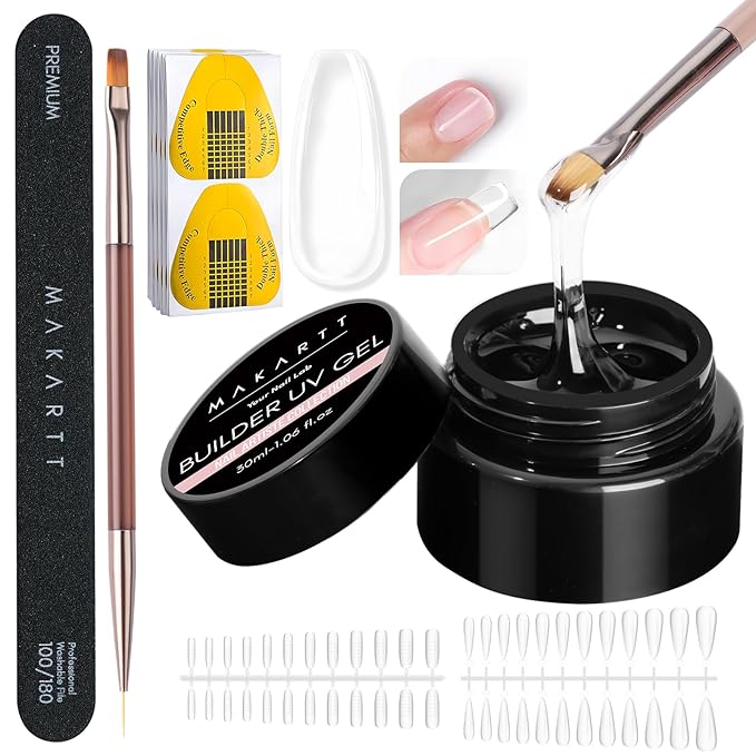 Makartt Clear Gel Builder Kit: Self-Levelling, Long Lasting Extension Hard Gels for Strengthener, Broken Nails Repair Gel Kit with Paper Forms, Dual forms, Nail File and Dual-End Brush 1.06 oz