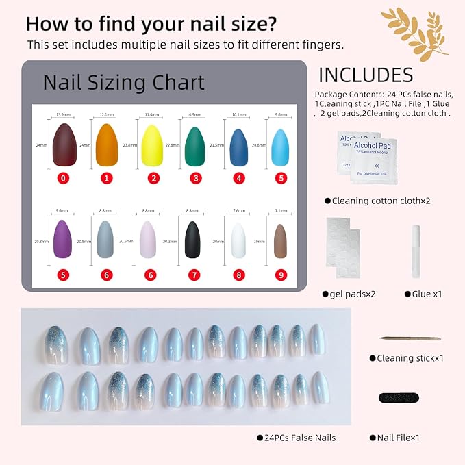 Light Blue Press on Nails - 24Pcs Long Stiletto Fake Nails with Gradient Glitter Design, Reusable Acrylic Artificial Nails for Women, 12 Sizes