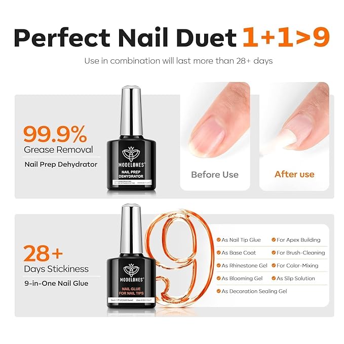 modelones Gel Nail Kit Almond, Upgrade 15Sizes Fake Nails, 9-in-One Glue Dehydrator & Mini U V Light Clipper, 510Pcs Medium Almond Press on Tips for Extension DIY Salon Home Gift (Pack of 2)