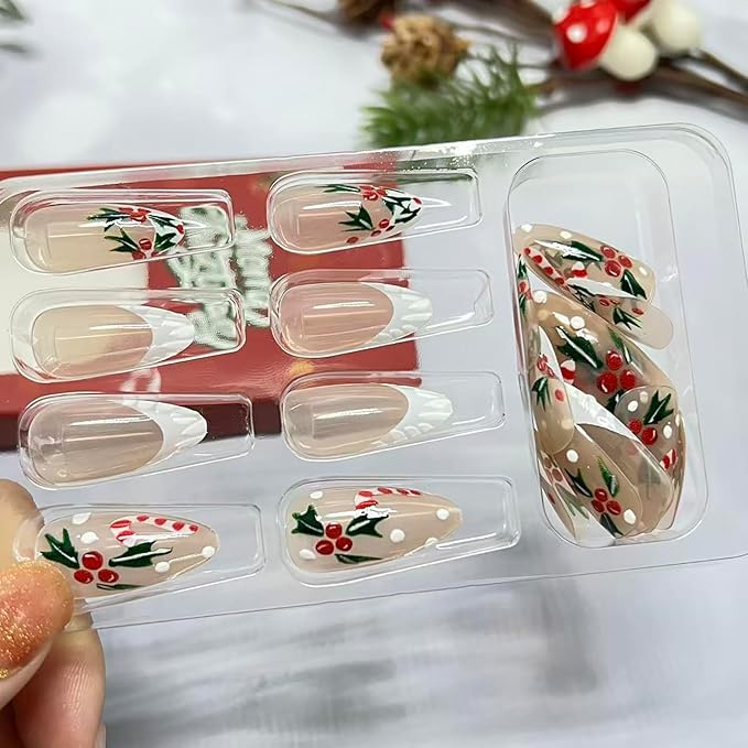 Christmas Press on Nails Medium Almond Fake Nails with Christmas Holly Candy Cane Designs White French Tip Xmas False Nail Winter Stick on Nail for Women 24 Pcs