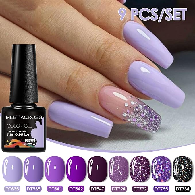 MEET ACROSS 9 Colors Gel Nail Polish + 3PCS Function Gel Nail Polish Kit,Fashion Nail Art Set Design Gifts for Women Manicure Salon (SET21, 12pcs)