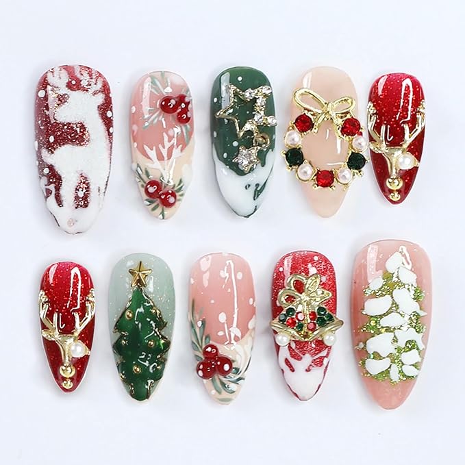 30Pcs Christmas Press on Nails Medium Almond French Fake Nails with Gold Elk Bell Star Rhinestones Design 3D Xmas Trees False Nails Full Cover Artificial Glue on Nails Winter Stick on Nail for Women