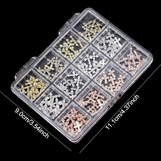 120pcs Cross Nail Art Charms Kit - Gold/Silver/Rose Gold Rhinestones for Press on Nails, Metal Alloy Nail Studs Nail Cross Charms DIY Jewelry, Gothic Nails Design,Acrylic Nails Accessories Supplies