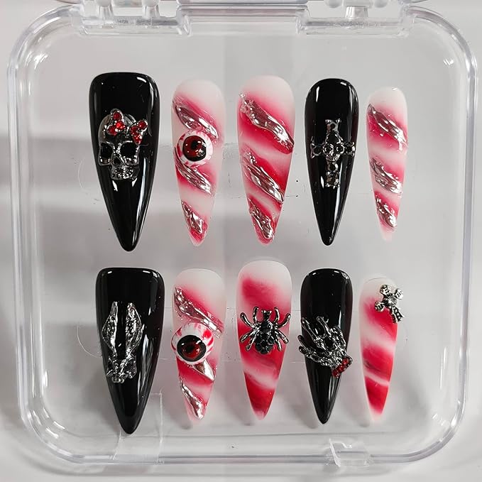 Halloween Handmade Press on Nails Long Almond 3D Nails Gothic Thick Acrylic Fake Nails Black&White False Nails with Eyeball Skull Spider Designs Sturdy Nail Art Press on Nails 10Pcs(M)