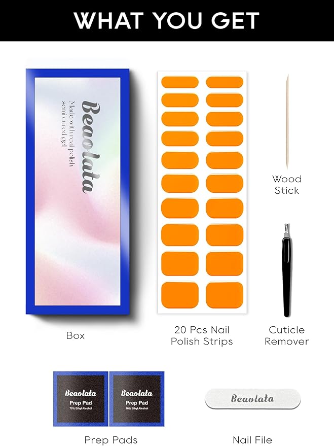 Semi Cured Gel Nail Strips - UV Light Gel Nail Stickers - 20 Long Lasting Salon Quality Wraps (Marigold Orange)