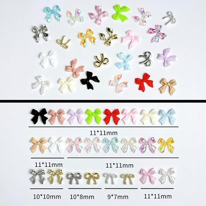 Kawaii Color Bow Nail Charms Kit, 3D Gold Silver Bows Nail Art Charms, Cute Pink Bowknot Charms for Nails Design DIY Decoration with Pickup Tools