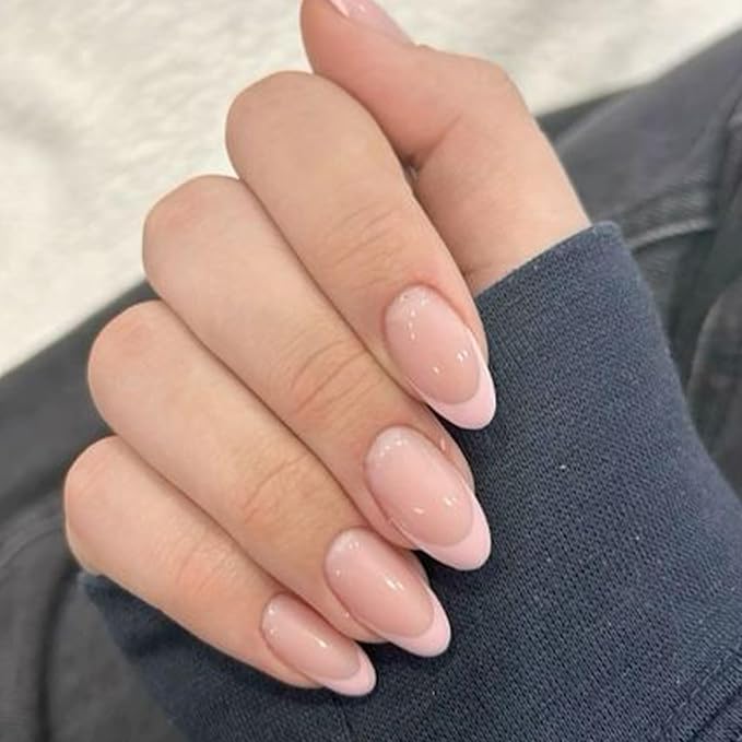 Modelones French Tip Press on Nails Short, Spring Oval Fake Nails, Reusable Nail Kit with Nail Glue Adhesive Tabs Mini Nail File, Nails Press Ons 32Pcs 16Sizes, Women Girl Gift, Pink