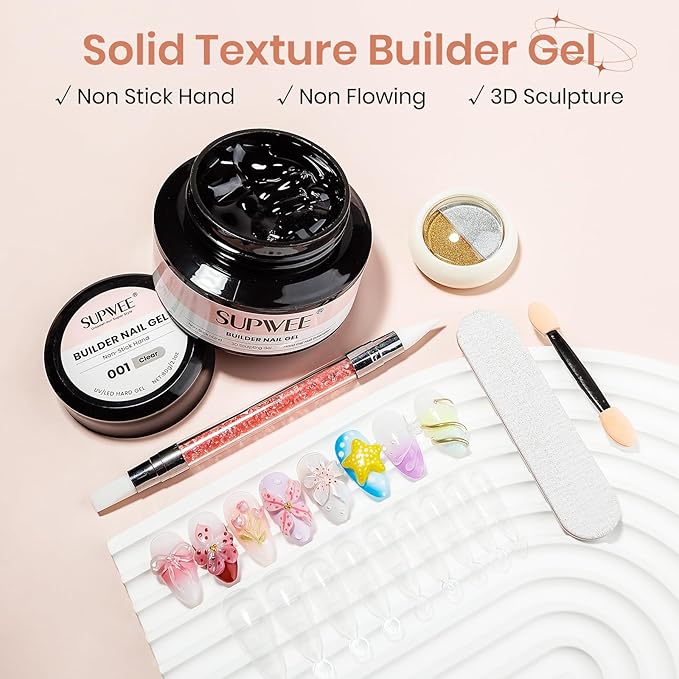 Solid Builder Nail Gel, 60g Large Capacity Clear 3D Nail Sculpting Hard Gel for nails Art Non-Sticky Hand for Carving Extension with Chrome Powder Home DIY Manicure