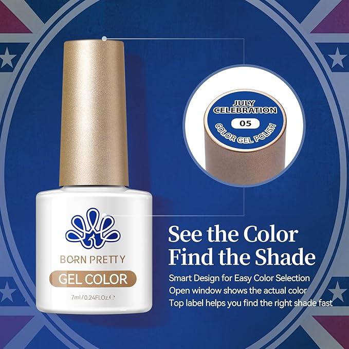 BORN PRETTY 4th of July Gel Nail Polish Set 6 Colors Navy Blue Red White Sliver Shimmer Glitter Gel Polish Soak Off U v Gel Polish Kit for Salon Manicure and Nail Art DIY at Home