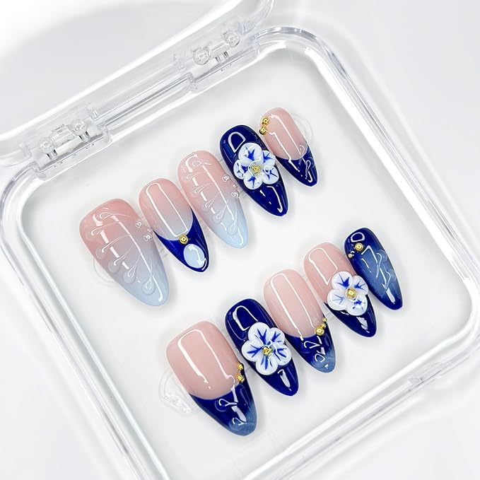 Luxury Press on Nails Medium Almond Handmade 3D French Tip Unique Reusable ABS Material Fake Nails Blue False Nails with Designs Pearls Floral Art Petal Glossy Glue on Nails Thick Acrylic Nails(M)