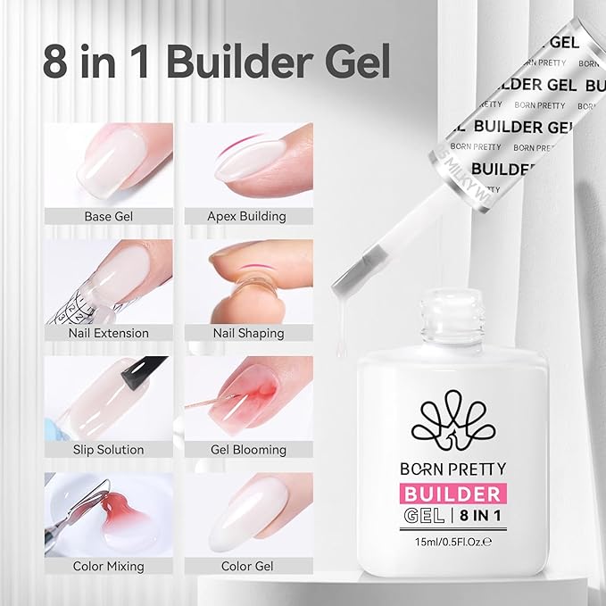 BORN PRETTY Builder Gel for Nails, 8-in-1 Milky White Clear Builder Nail Gel for Nail Apex and Gel Extension Strengthener, Nail GLue Gel Hard Gel Base Rhinestone Nail Glue Gel in a Bottle 15ml