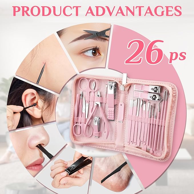 26-Piece Professional Manicure Set (Pink)，Features Stainless Steel Tools, Carbon Steel Clippers & Travel Case for Women's Home and Travel Grooming，Luxury Nail Care Gift for Her.