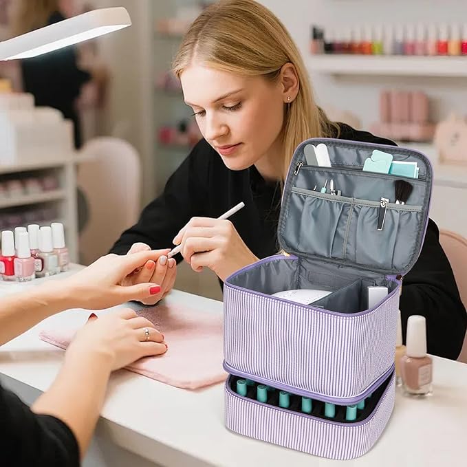 Nail Polish Organizer Aesthetic Nail Organizers and Storage, Bow Nail Supplies Kit Organizer Travel Carrying Case for Manicure Tools (Stripe Purple, 2 Layer)