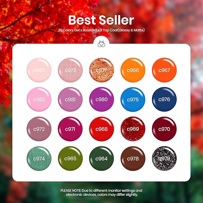 Beetles Gel Nail Polish Set - Yard Gel Polish Kit, 20 Color Orange Burgundy Red Navy Blue Glitter, Soak Off LED UV with Base Top Coat Nail Art Manicure Gift for Women