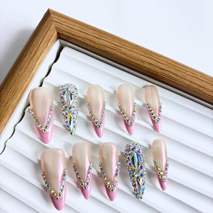 French Tip Press On Nails Long Stiletto,10 Pcs Handmade Acrylic Fake Nails Press Ons Salon Design Stick On Nails,Luxury Glue On Nails with 3D Rhinestone(039Pink, M)