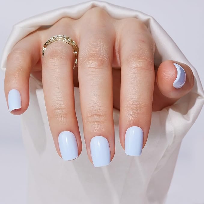 Press On Nails - Findigit Short Square Blue False Stick Glue On Nails, Reusable Stick On Fake Nails with Glue Salon Quality 16 Sizes - 32 Nail Kits, Blue Cream