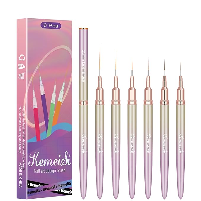 6Pcs Nail Art Liner Brushes, Striping Nail Art Brush for Gel Polish Painting, Thin Detail Brush Fine Drawing Art Design Pen Size 5/7/9/11/15/25mm
