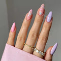 Valentines Pink Purple French Tip Press on Nails for Women, Medium Almond with Cute Lovely Heart Design Soft Gel Full Cover Stick on Nails, 24Pcs Glossy Reusable False Fake Nails Kit with Glue