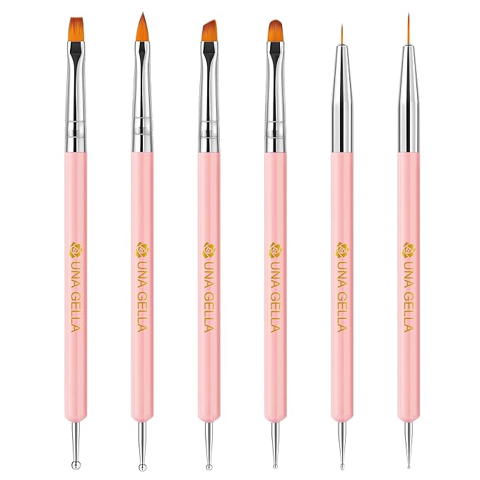 UNA GELLA Nail Art Brushes Set 6PCS Pink Color Double-ended Nail Design Dotting Tools Christmas Nail Art Gel Polish Brushes for Gel Polish Lines, Nail Drawing Pen DIY Nail Art Supplies