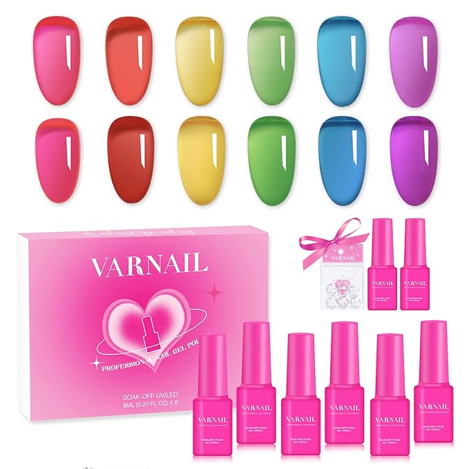 VARNAIL Rainbow Candy Jelly Gel Nail Polish Kit 6 Colors & Gift Base Top Coat, Translucent Rainbow Sheer Gel Polish Kit, Soak off UV Light Gel Nail Polish