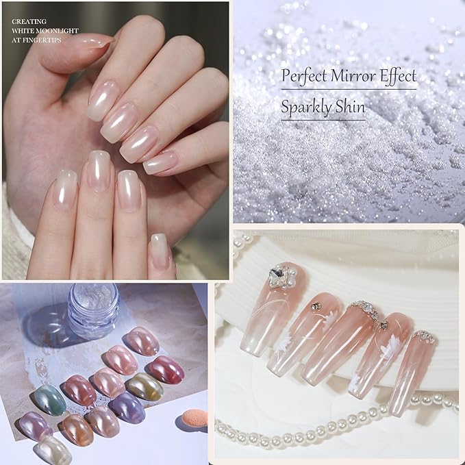 Moonlight White Chrome Nail Powder, White Pearl Nail Powder Pigment Mirror Effect Aurora Magic Pearlescent Nail Glitter Nail Art