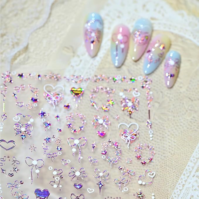 5D Embossed Valentines Day Nail Art Stickers for Nail Art Bow Nail Stickers with Pink Bow Star Heart Romantic Self Adhesive Design Cute Nail Decals Nail Art Supplies for Women Acrylic Manicure Tips