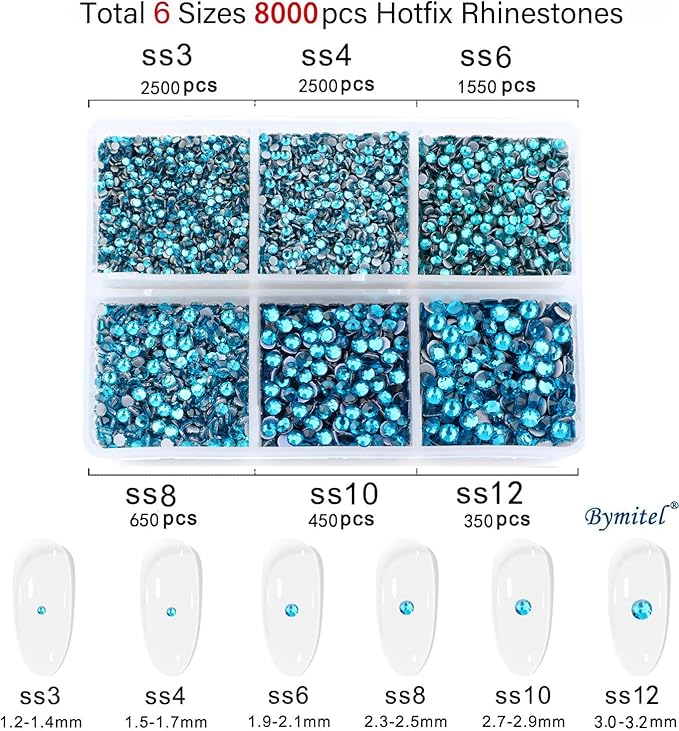Bymitel Hotfix Crystal Rhinestones Round Gems for Crafts,Mixed 6 Sizes with Wax Pencil Kit, Blue Zircon 1.3-3.2mm(SS3-SS12/8000pcs)